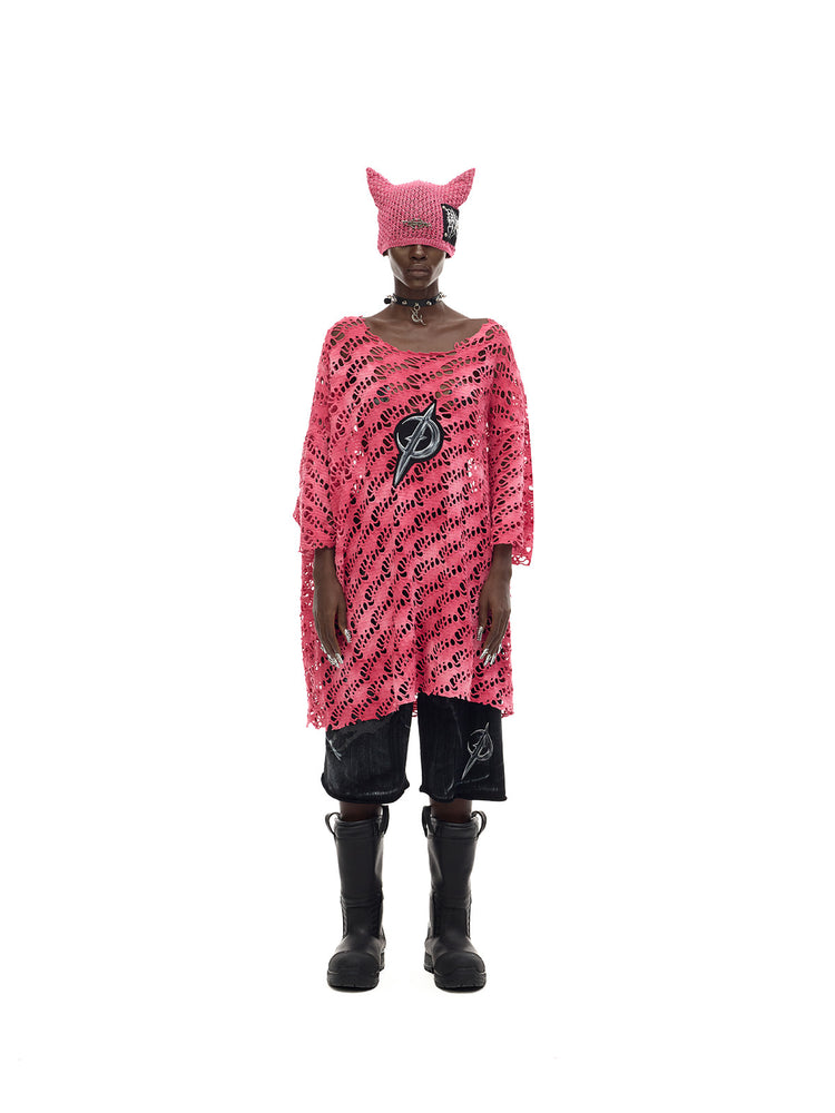 PINKSPINK DEVILCAT distressed cat-ear knit beanie in pink — full-length modeled view with a distressed tee