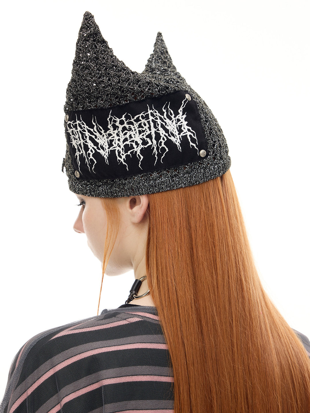 PINKSPINK DEVILCAT distressed cat-ear knit beanie in black — side and back modeled view