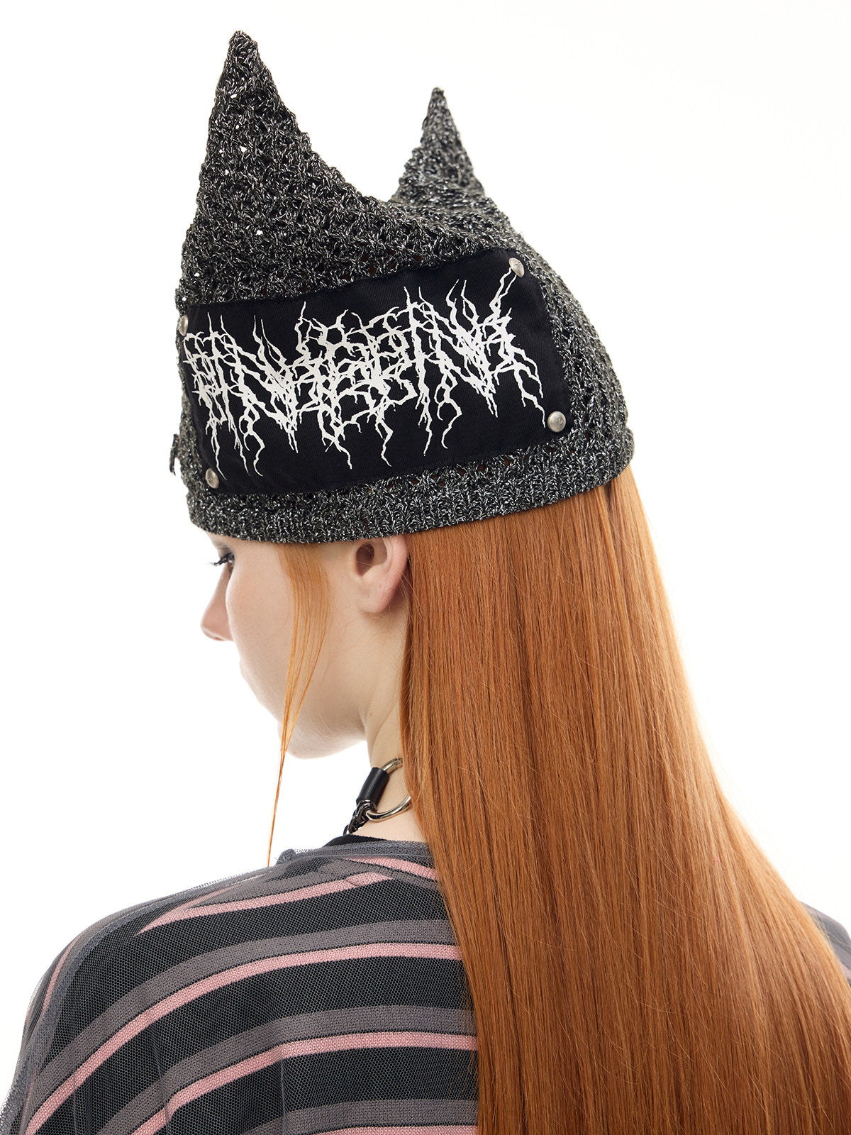 PINKSPINK DEVILCAT distressed cat-ear knit beanie in black — side and back modeled view