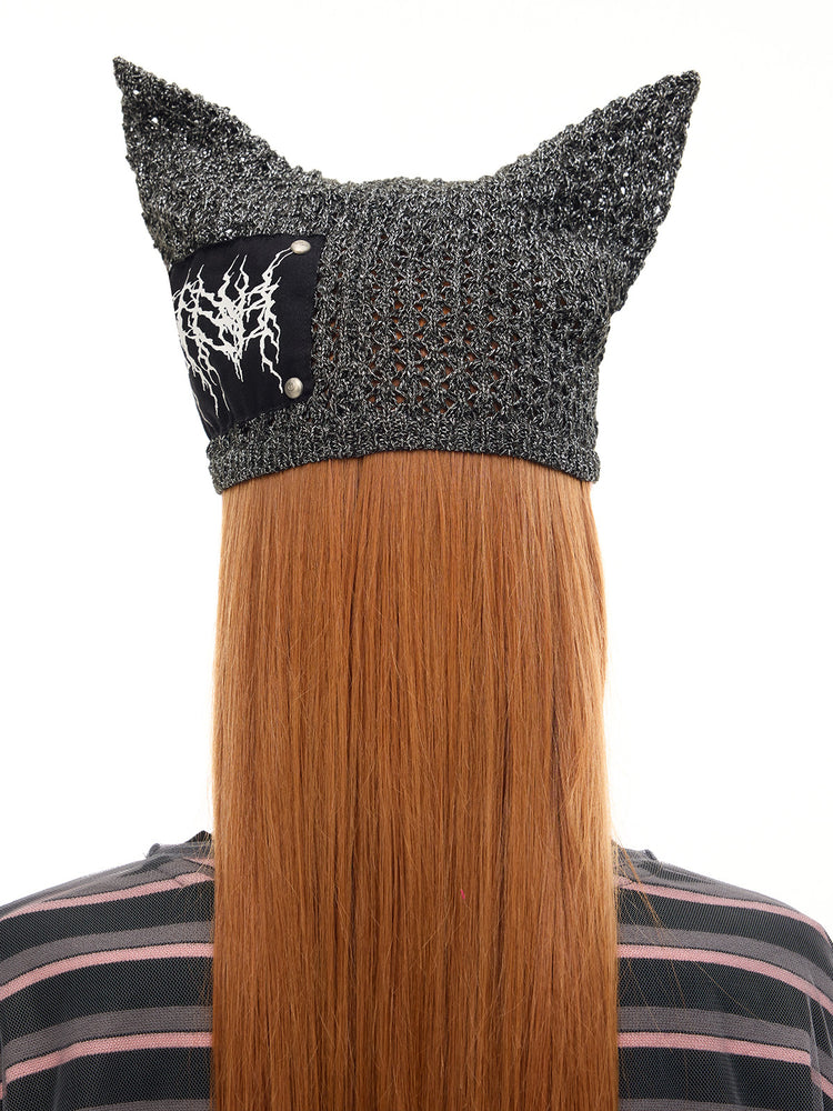 PINKSPINK DEVILCAT distressed cat-ear knit beanie in black — back modeled close-up