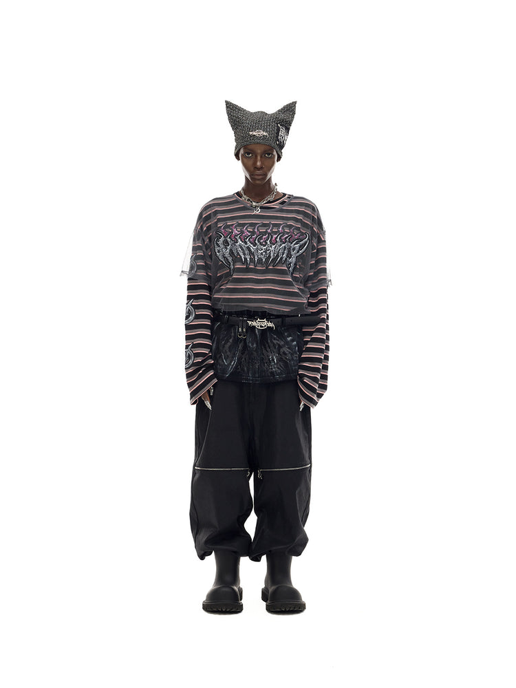 PINKSPINK DEVILCAT distressed cat-ear knit beanie in black — full-length front modeled outfit view