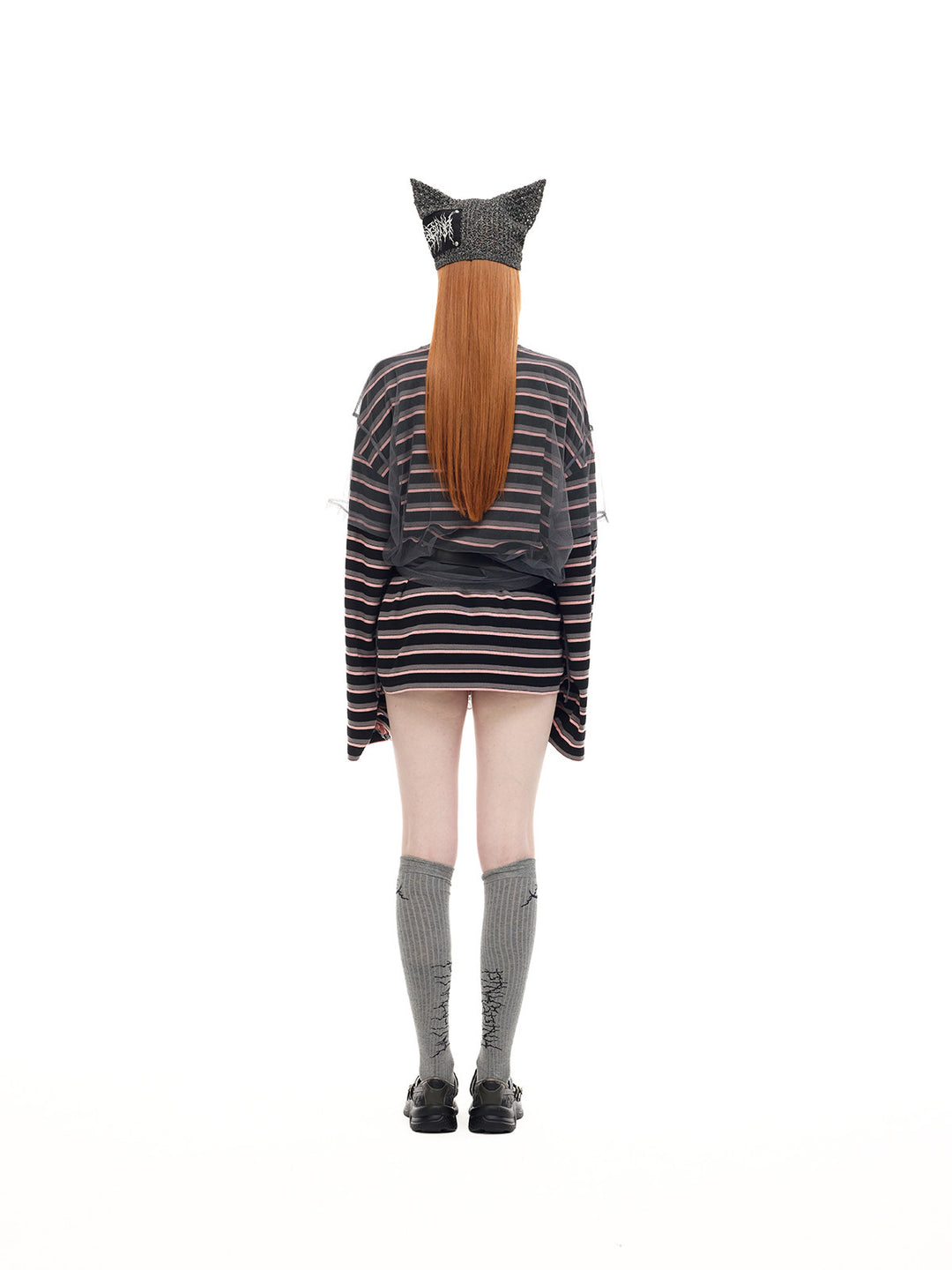 PINKSPINK DEVILCAT distressed cat-ear knit beanie in black — full-length back modeled outfit view
