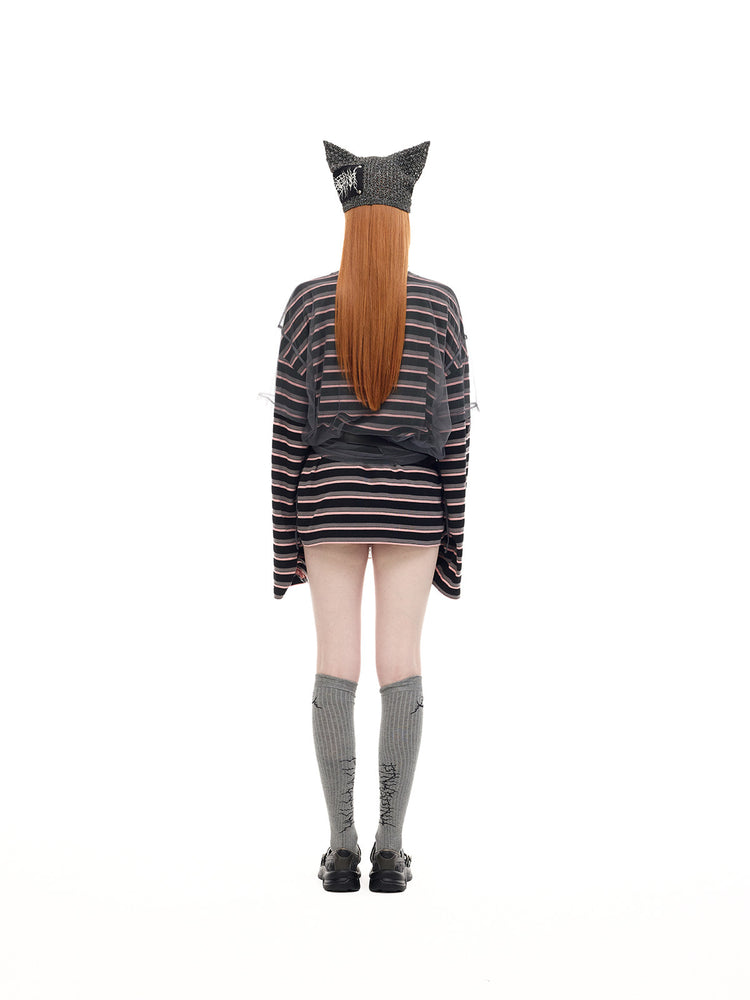 PINKSPINK DEVILCAT distressed cat-ear knit beanie in black — full-length back modeled outfit view