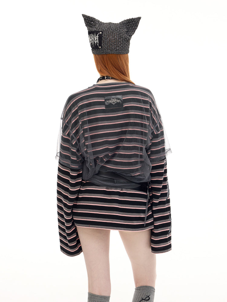 PINKSPINK DEVILCAT distressed cat-ear knit beanie in black — back three-quarter modeled outfit view