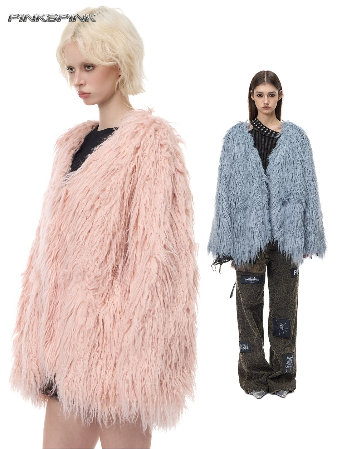 PINKSPINK CLOUDNINE shaggy V-neck faux-fur coat in pink and blue — modeled collage showing the shaggy texture and loose shape