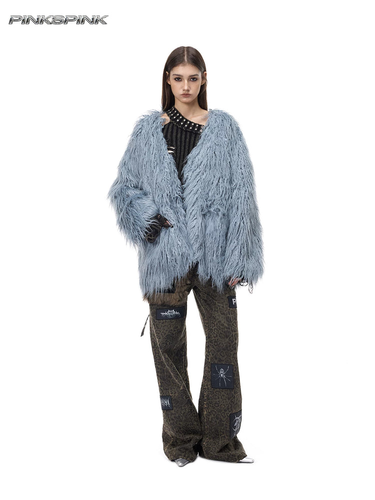 PINKSPINK CLOUDNINE shaggy V-neck faux-fur coat in blue — full-length front modeled view