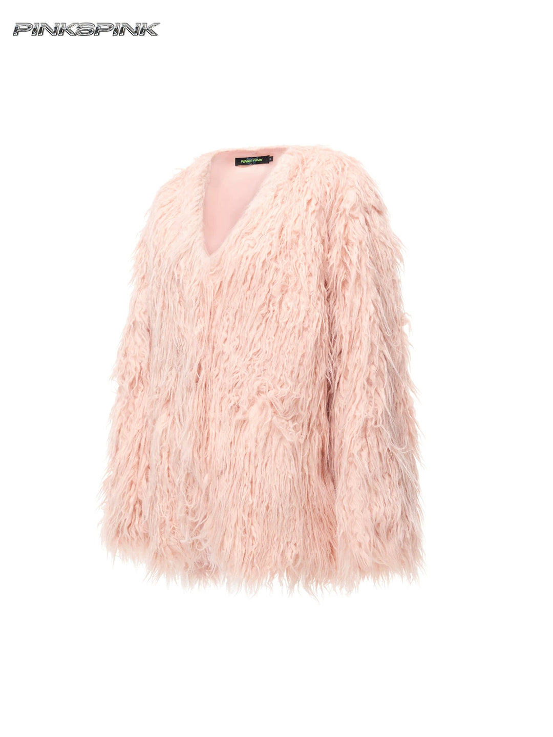PINKSPINK CLOUDNINE shaggy V-neck faux-fur coat in pink — front garment-only view showing the V neckline