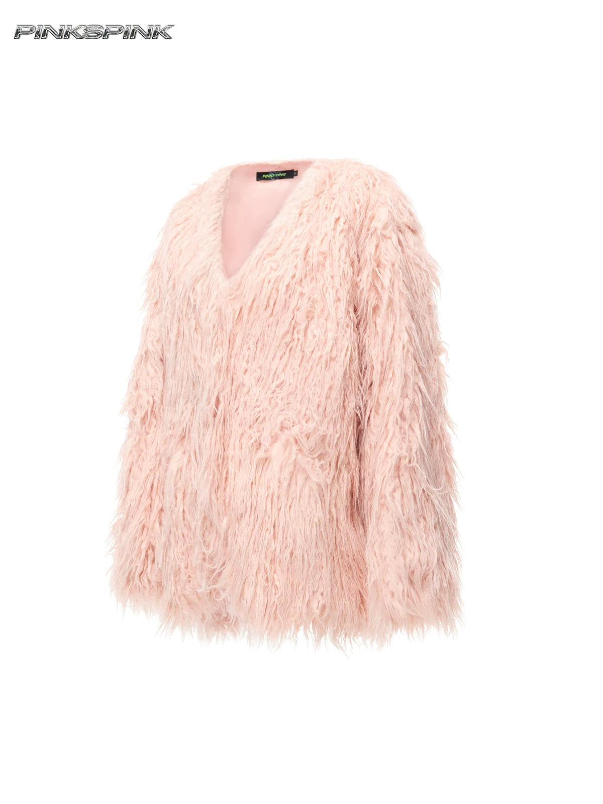 PINKSPINK CLOUDNINE shaggy V-neck faux-fur coat in pink — front garment-only view showing the V neckline
