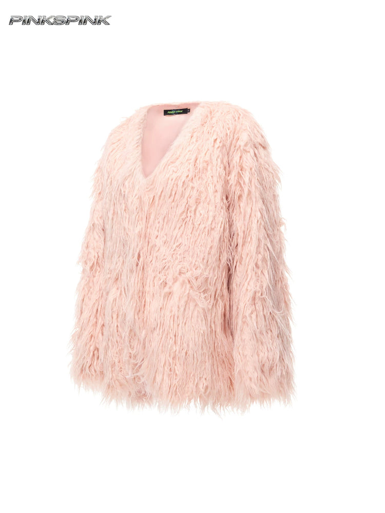 PINKSPINK CLOUDNINE shaggy V-neck faux-fur coat in pink — front garment-only view showing the V neckline