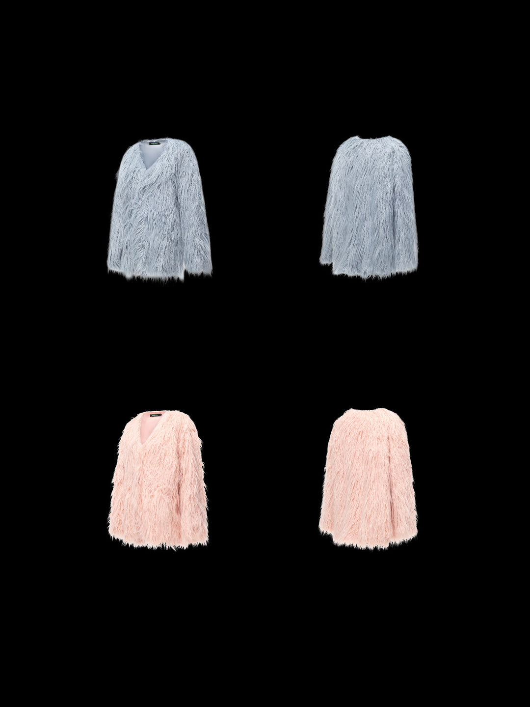PINKSPINK CLOUDNINE shaggy V-neck faux-fur coat in blue and pink — front and back garment-only comparison on black