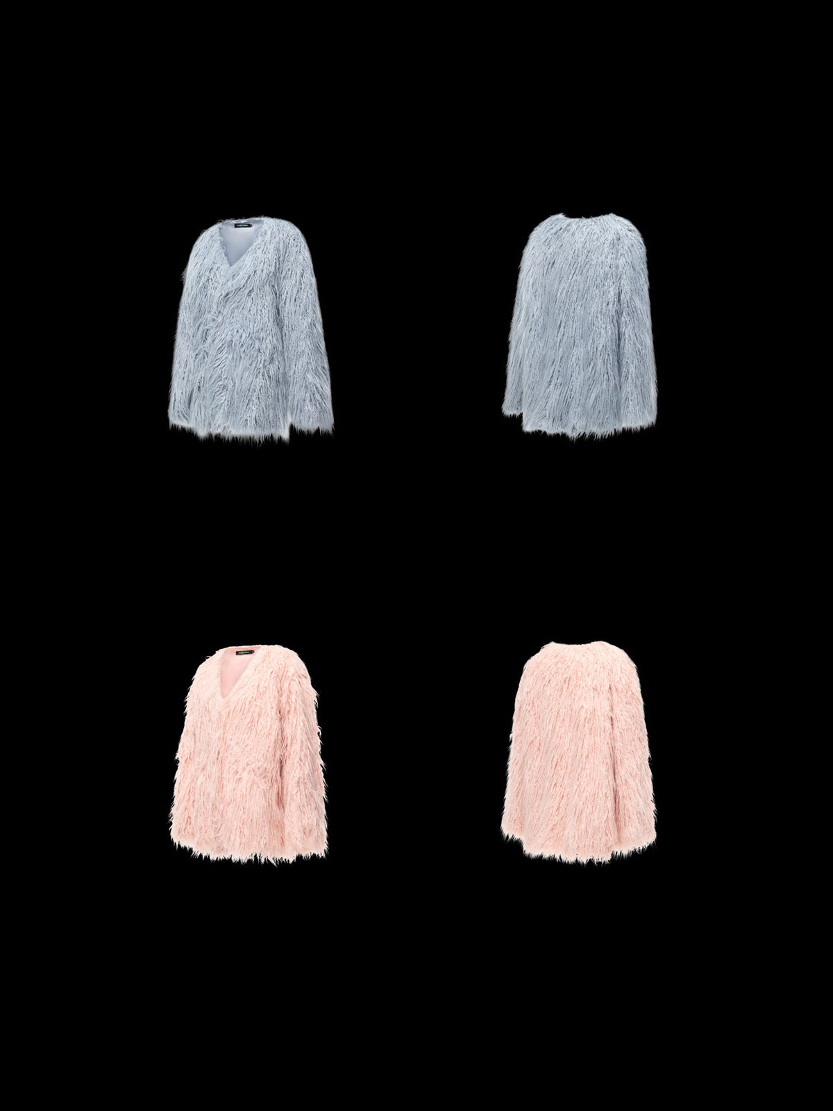 PINKSPINK CLOUDNINE shaggy V-neck faux-fur coat in blue and pink — front and back garment-only comparison on black