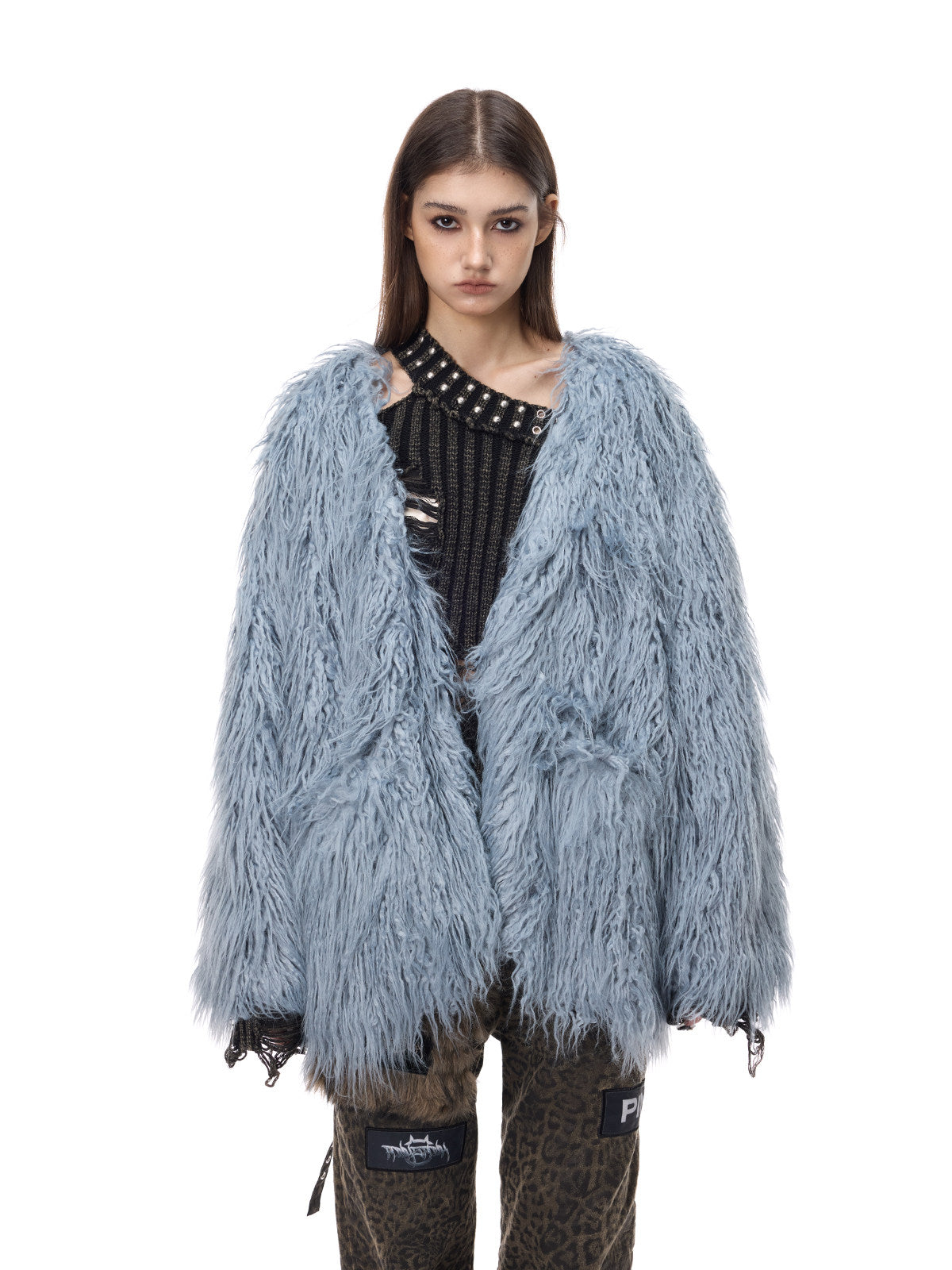 PINKSPINK CLOUDNINE shaggy V-neck faux-fur coat in blue — front modeled view with arms relaxed