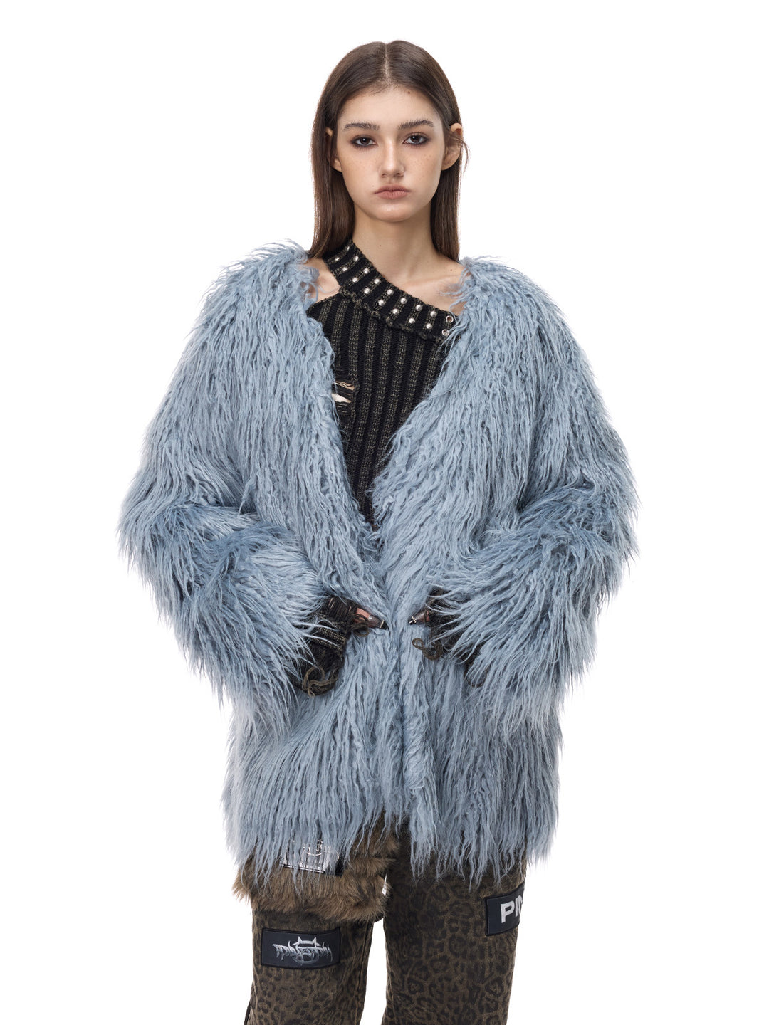 PINKSPINK CLOUDNINE shaggy V-neck faux-fur coat in blue — close modeled view of the shaggy faux fur
