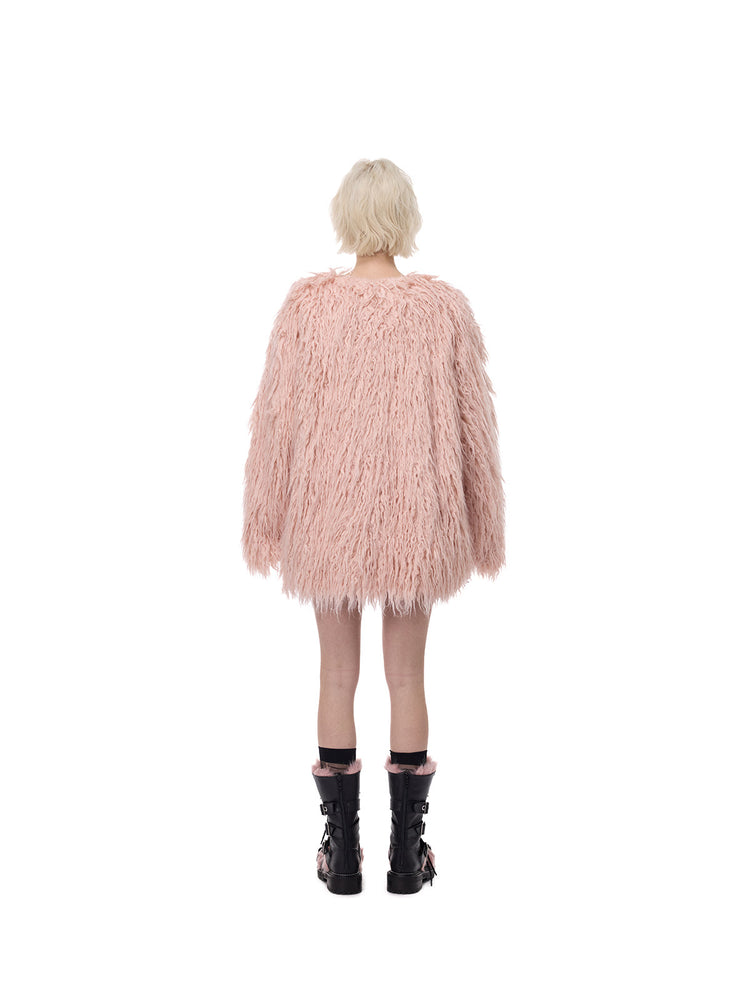 PINKSPINK CLOUDNINE shaggy V-neck faux-fur coat in pink — full-length back modeled view