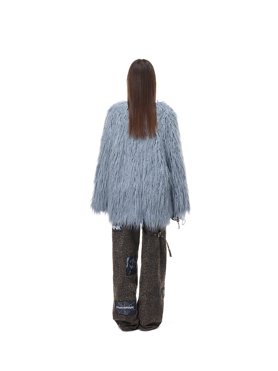 PINKSPINK CLOUDNINE shaggy V-neck faux-fur coat in blue — full-length back modeled view