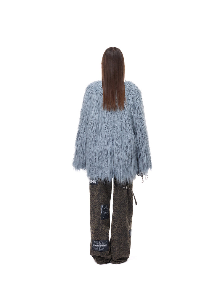 PINKSPINK CLOUDNINE shaggy V-neck faux-fur coat in blue — full-length back modeled view