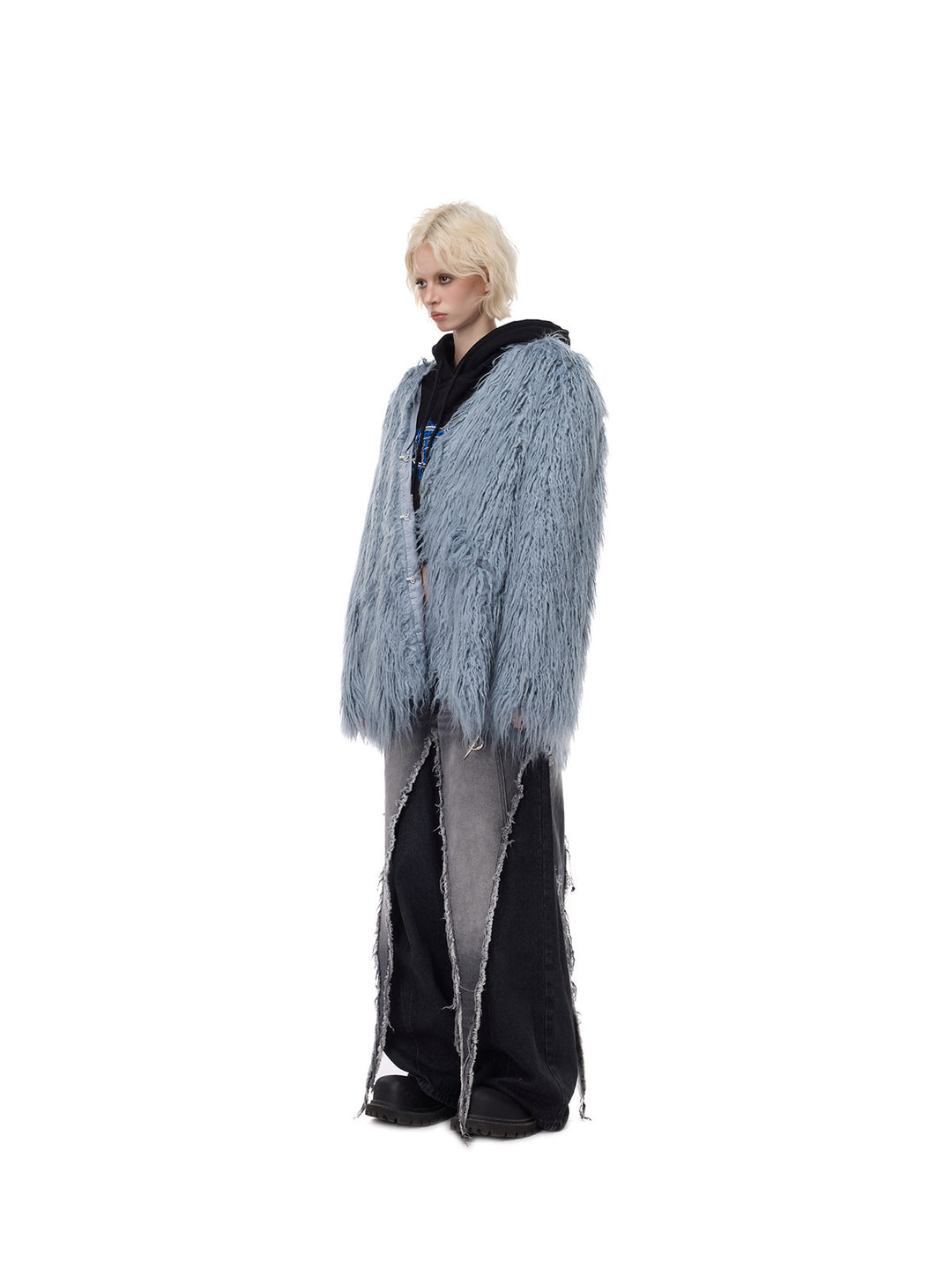 PINKSPINK CLOUDNINE shaggy V-neck faux-fur coat in blue — three-quarter full-length modeled view