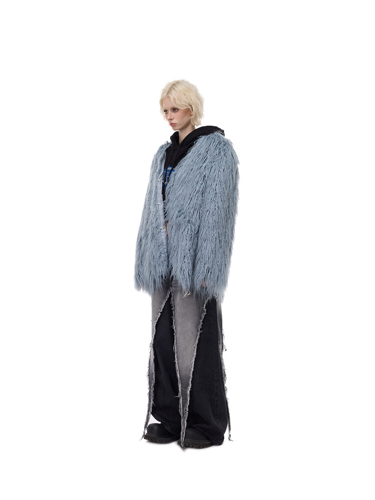 PINKSPINK CLOUDNINE shaggy V-neck faux-fur coat in blue — three-quarter full-length modeled view