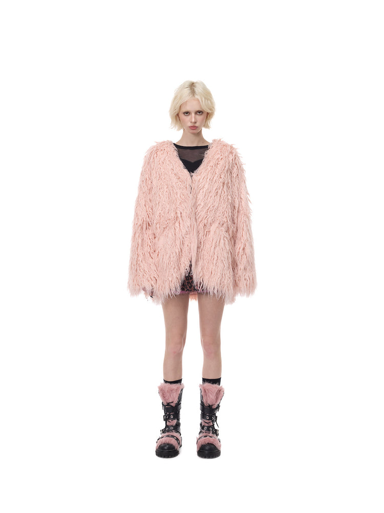 PINKSPINK CLOUDNINE shaggy V-neck faux-fur coat in pink — front full-length modeled view with an open neckline