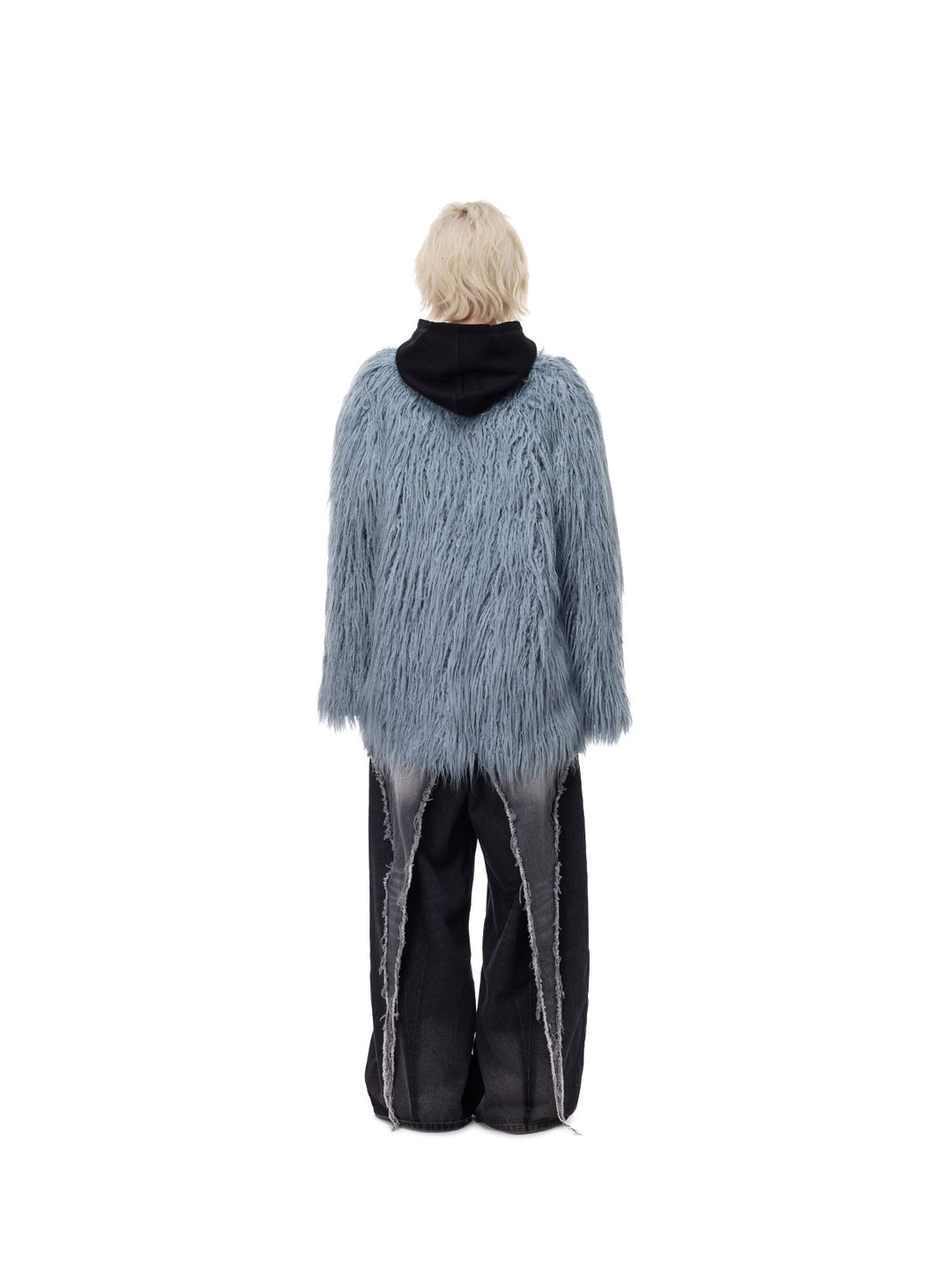 PINKSPINK CLOUDNINE shaggy V-neck faux-fur coat in blue — back full-length modeled view styled over a hoodie