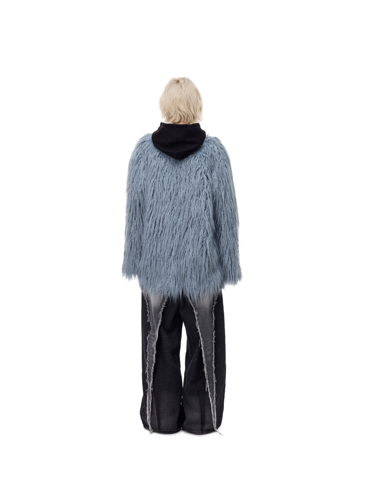 PINKSPINK CLOUDNINE shaggy V-neck faux-fur coat in blue — back full-length modeled view styled over a hoodie