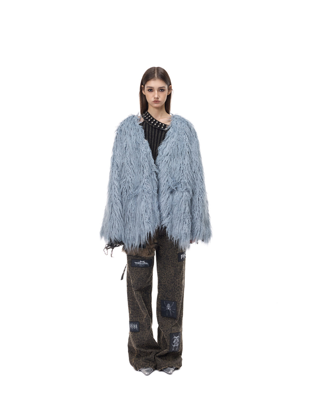 PINKSPINK CLOUDNINE shaggy V-neck faux-fur coat in blue — full-length front modeled outfit view