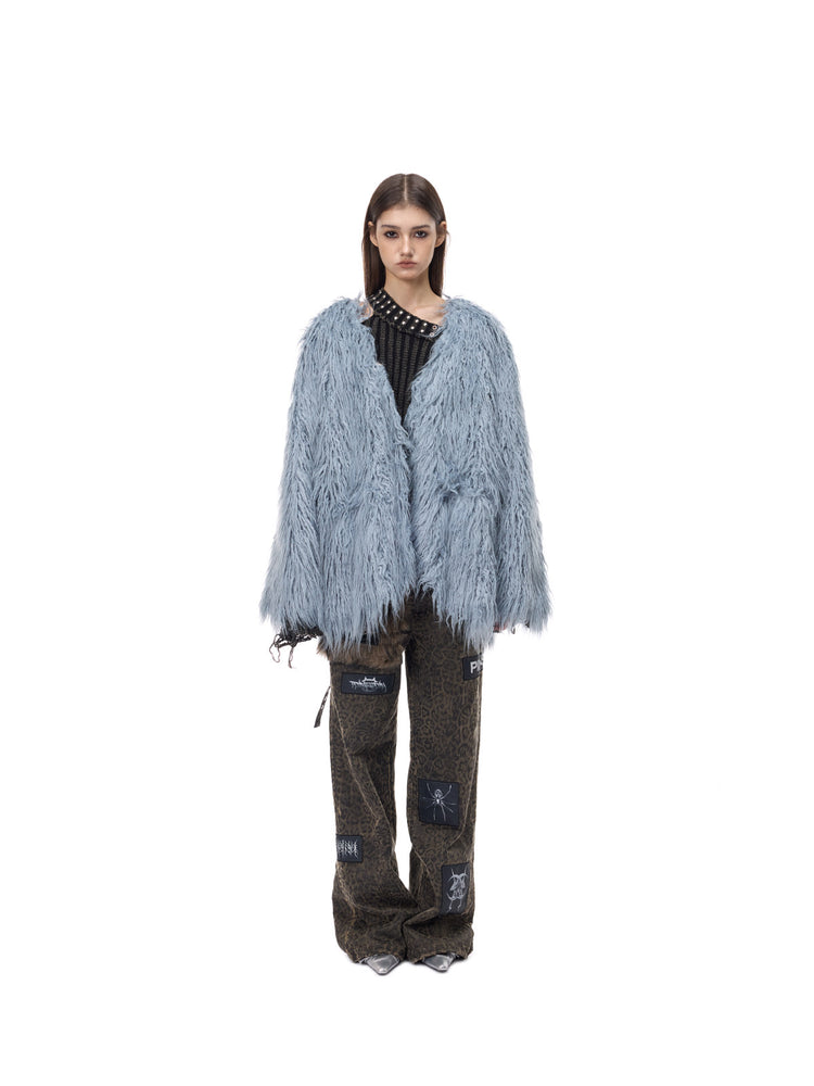 PINKSPINK CLOUDNINE shaggy V-neck faux-fur coat in blue — full-length front modeled outfit view