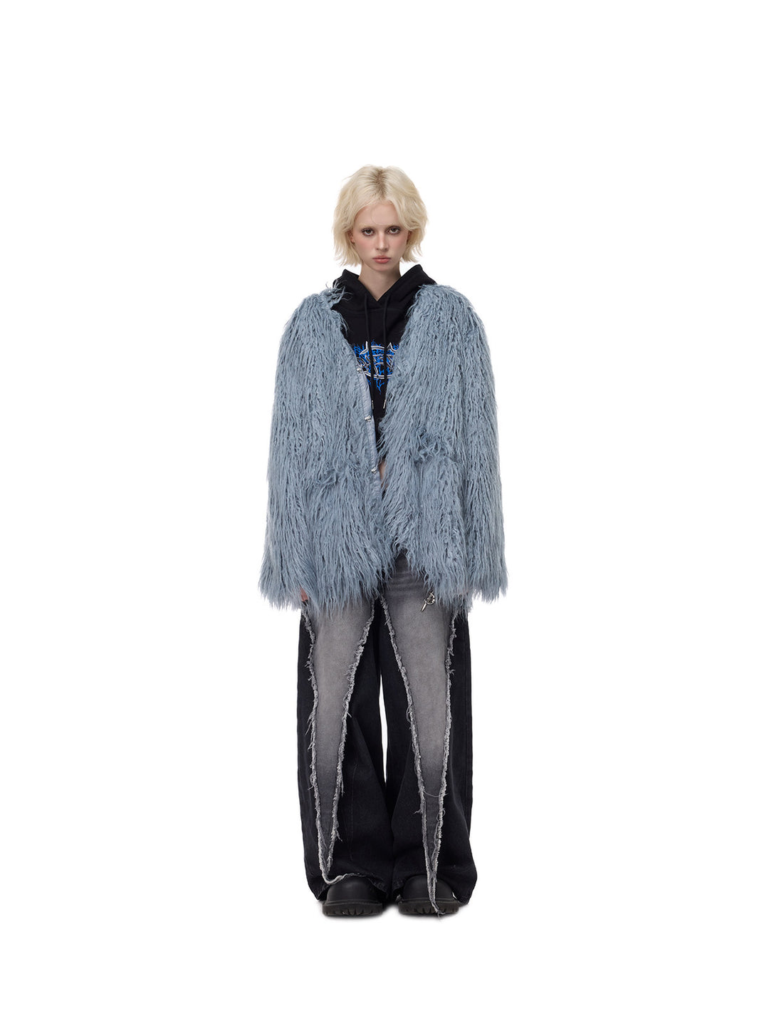 PINKSPINK CLOUDNINE shaggy V-neck faux-fur coat in blue — full-length front view styled over a hoodie