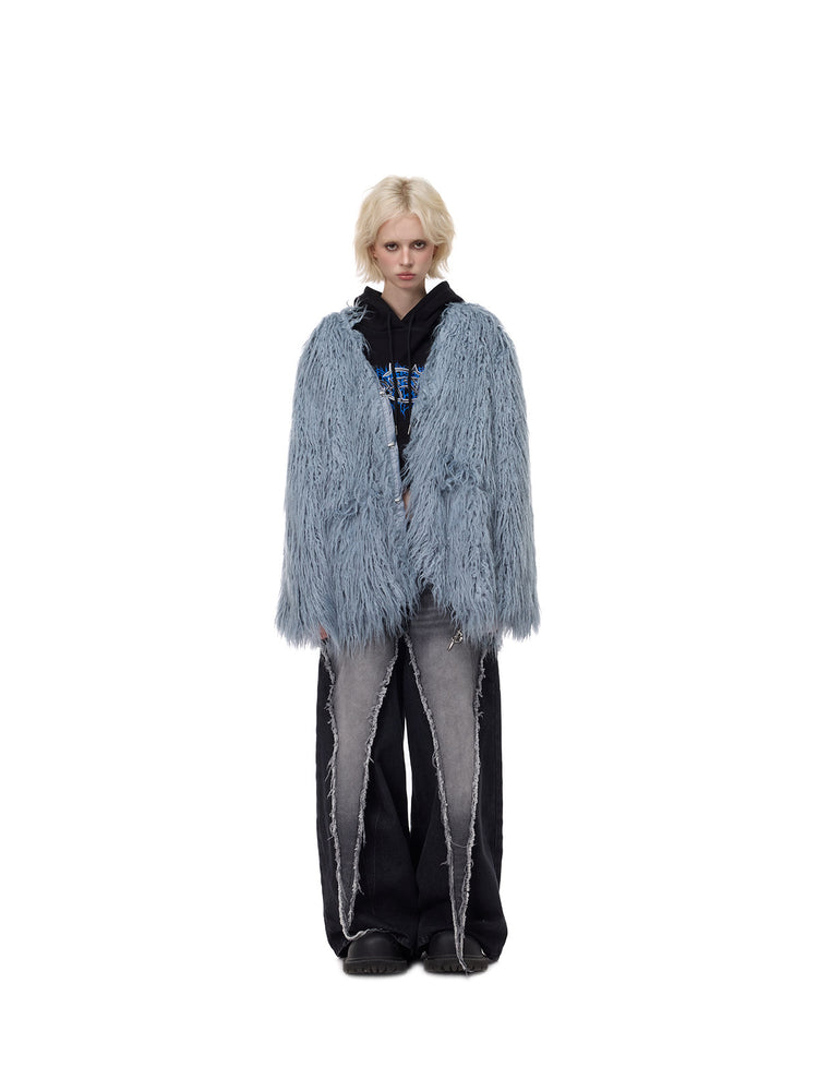 PINKSPINK CLOUDNINE shaggy V-neck faux-fur coat in blue — full-length front view styled over a hoodie