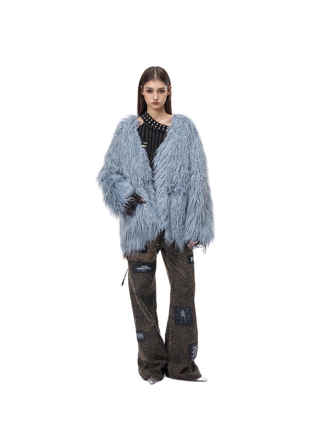 PINKSPINK CLOUDNINE shaggy V-neck faux-fur coat in blue — full-length front modeled view with one hand raised