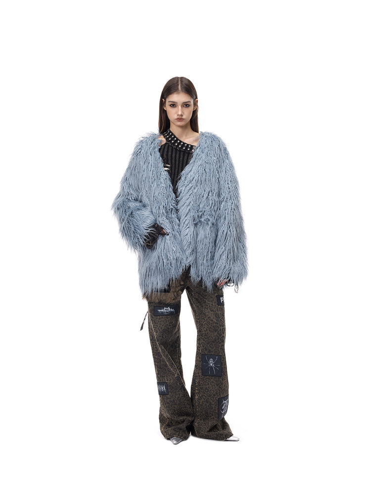 PINKSPINK CLOUDNINE shaggy V-neck faux-fur coat in blue — full-length front modeled view with one hand raised