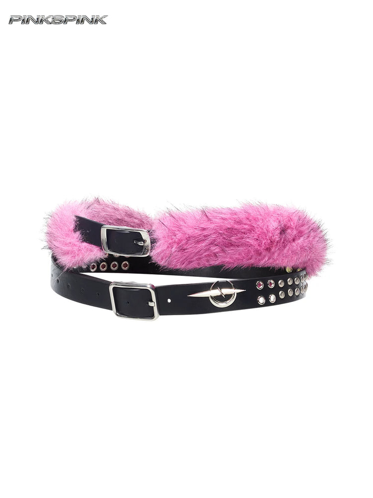 PINKSPINK ELECTRIC MOON double-strap studded faux-fur leather belt in black and pink — garment-only view of the double straps, buckles and faux fur