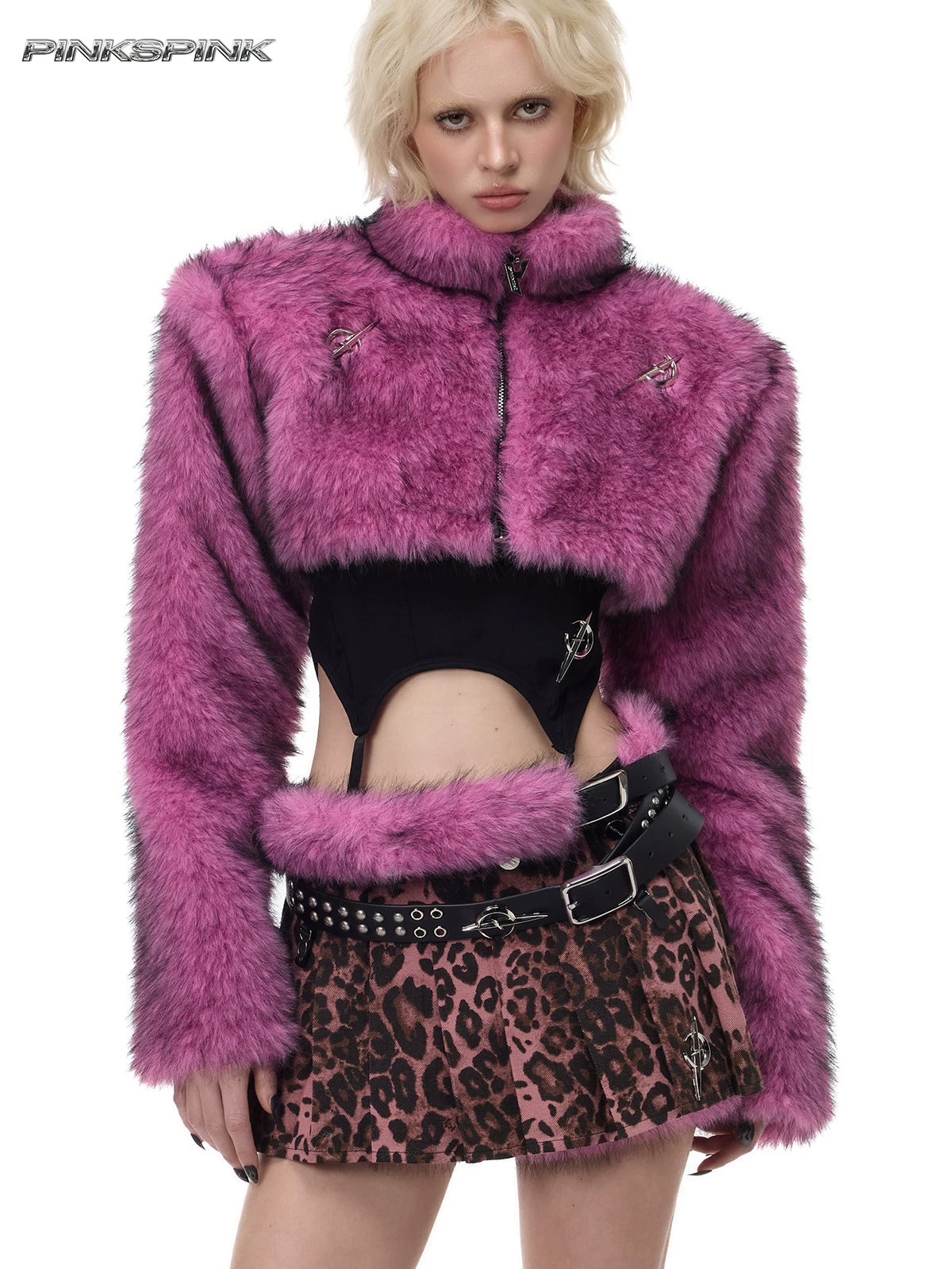 PINKSPINK ELECTRIC MOON double-strap studded faux-fur leather belt in black and pink — modeled waist view styled with a cropped faux-fur jacket