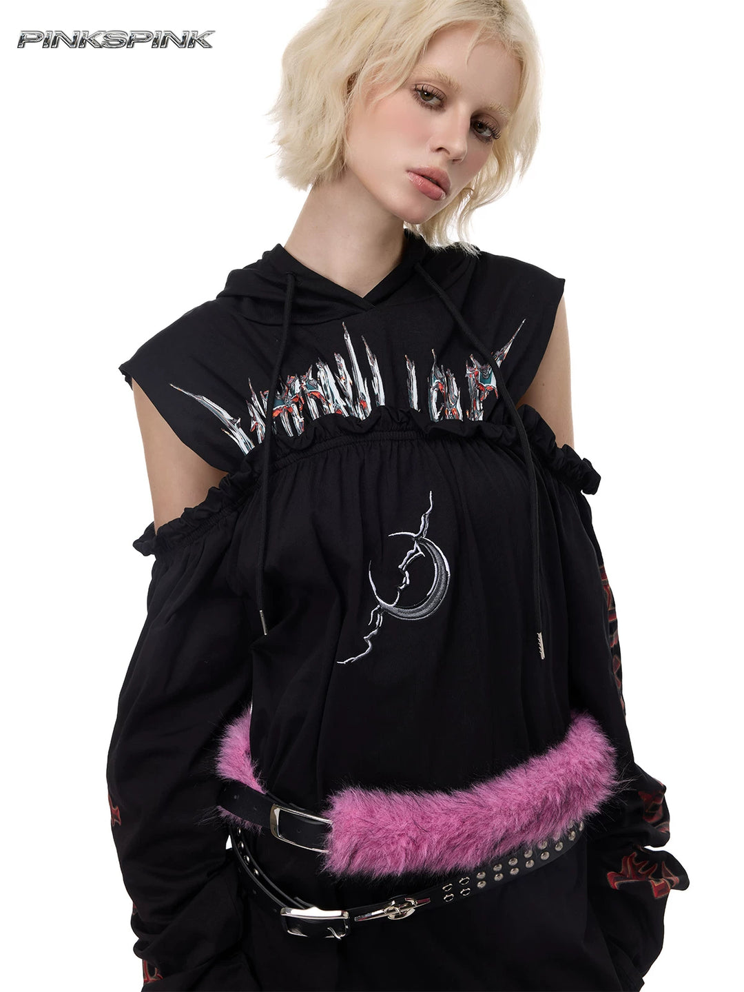 PINKSPINK ELECTRIC MOON double-strap studded faux-fur leather belt in black and pink — close modeled waist view over a black dress
