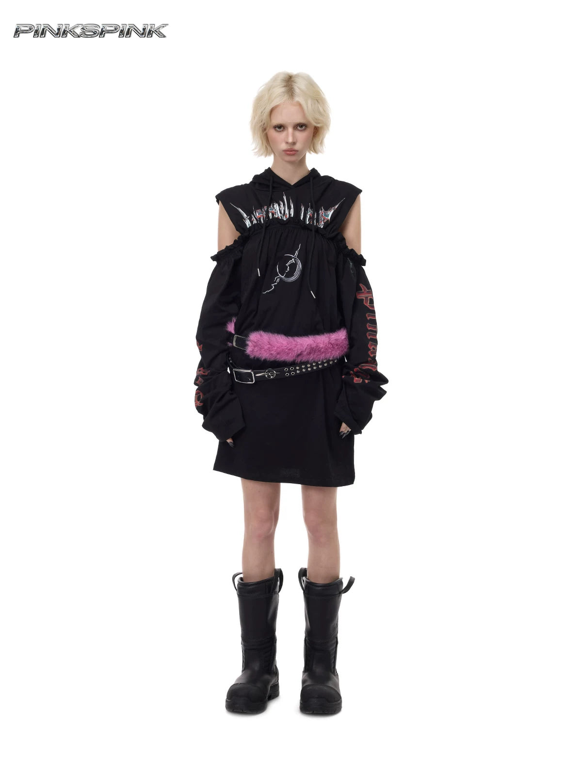 PINKSPINK ELECTRIC MOON double-strap studded faux-fur leather belt in black and pink — full-length front modeled view over a black dress