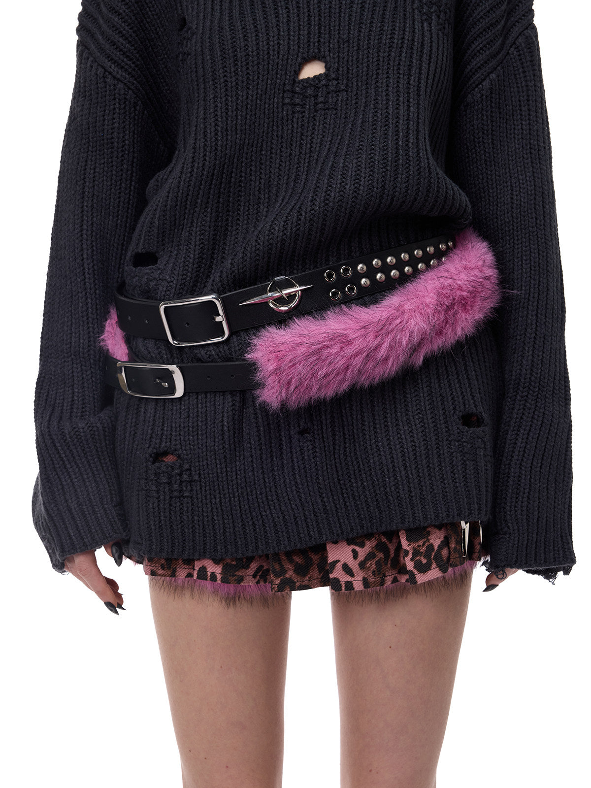 PINKSPINK ELECTRIC MOON double-strap studded faux-fur leather belt in black and pink — close-up of the double buckles, moon hardware and faux-fur trim