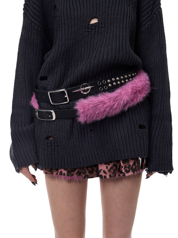 PINKSPINK ELECTRIC MOON double-strap studded faux-fur leather belt in black and pink — close-up of the double buckles, moon hardware and faux-fur trim