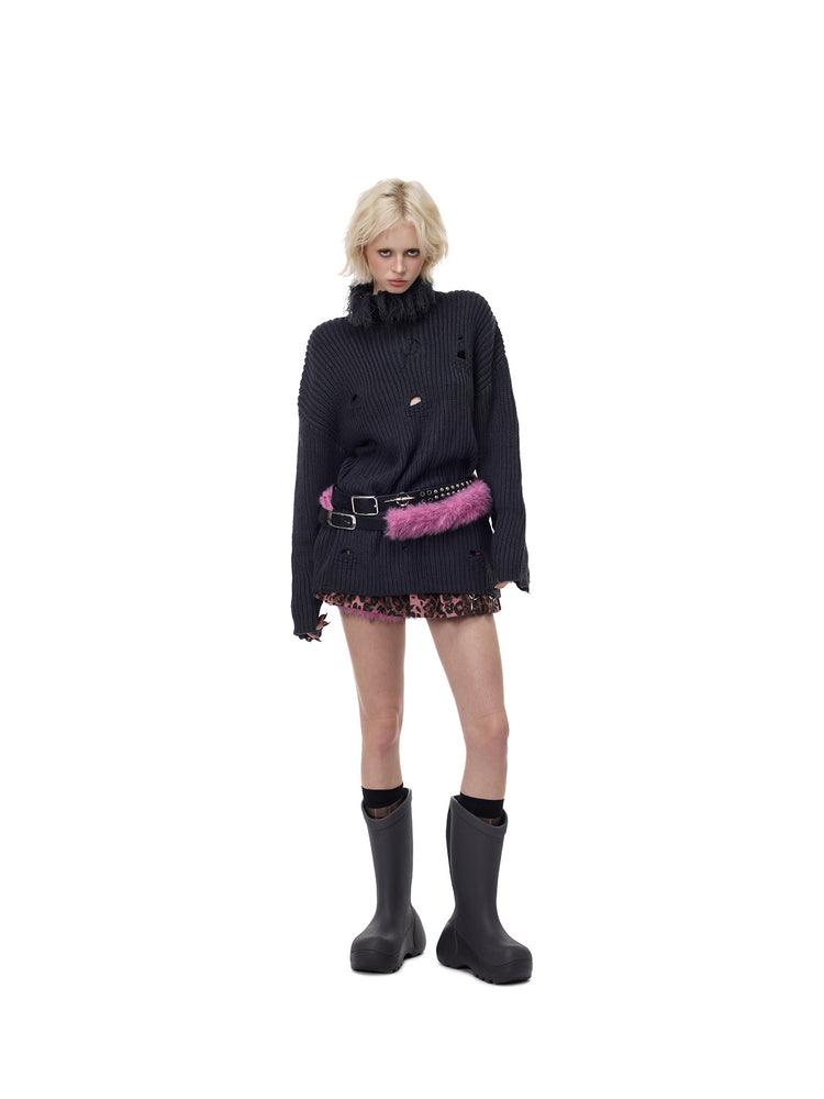 PINKSPINK ELECTRIC MOON double-strap studded faux-fur leather belt in black and pink — full-length front modeled view over a dark knit sweater