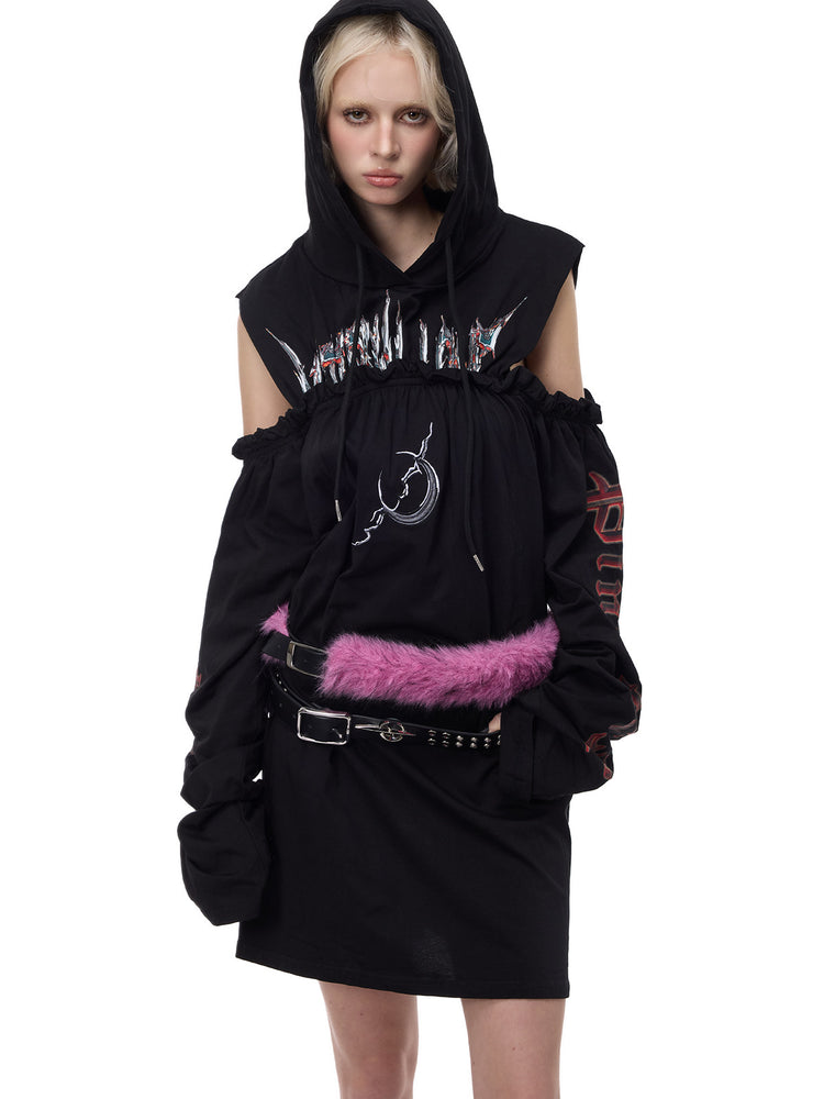 PINKSPINK ELECTRIC MOON double-strap studded faux-fur leather belt in black and pink — front modeled view over a hooded dress