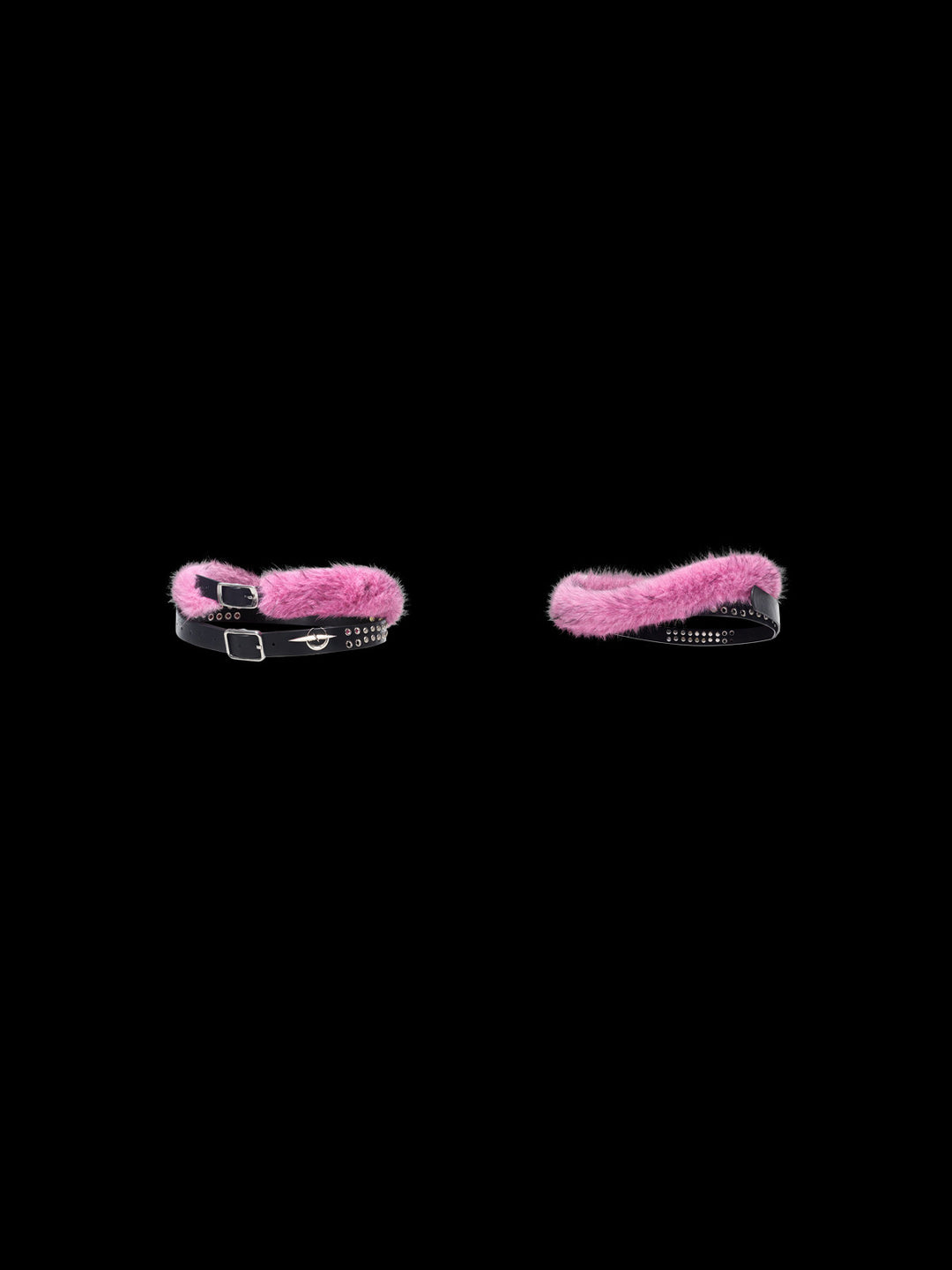 PINKSPINK ELECTRIC MOON double-strap studded faux-fur leather belt in black and pink — front and back garment-only comparison