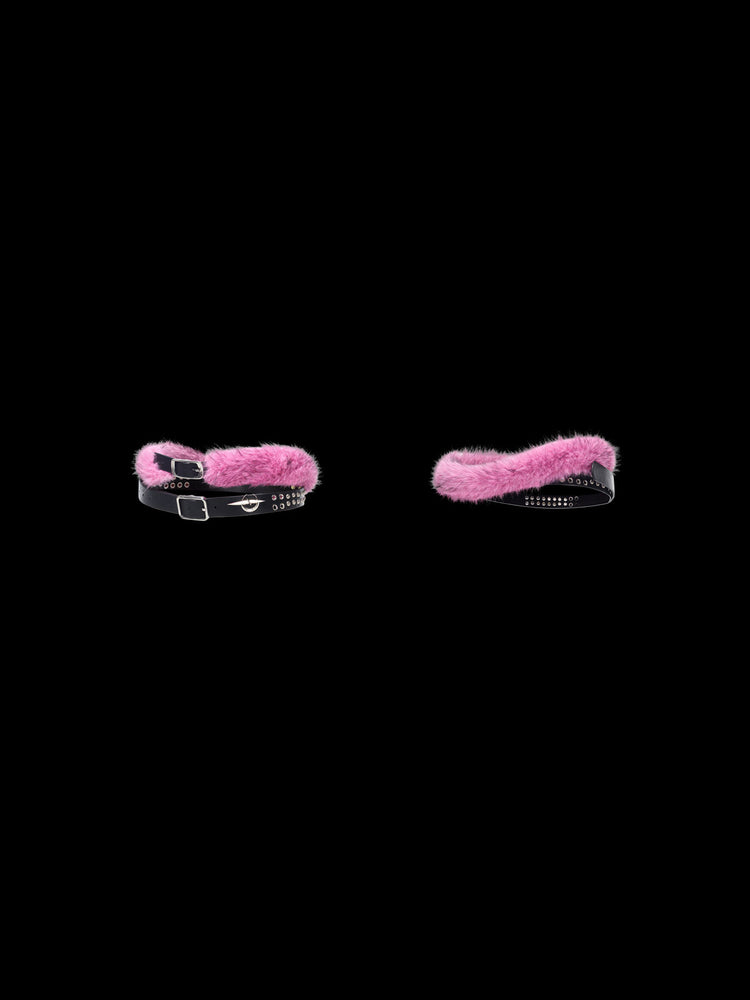 PINKSPINK ELECTRIC MOON double-strap studded faux-fur leather belt in black and pink — front and back garment-only comparison