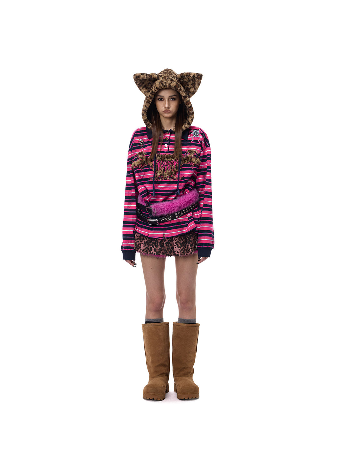 PINKSPINK ELECTRIC MOON double-strap studded faux-fur leather belt in black and pink — full-length front modeled view with a cat-ear hood