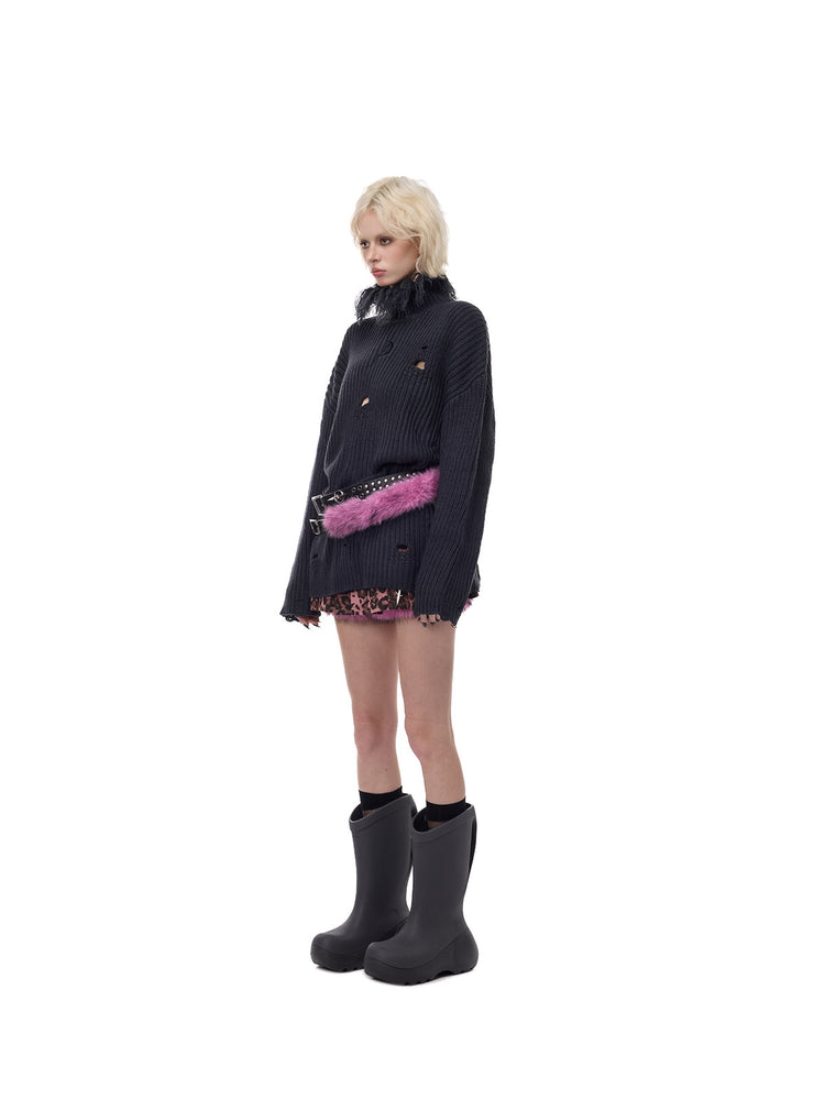 PINKSPINK ELECTRIC MOON double-strap studded faux-fur leather belt in black and pink — full-length side modeled view over a dark knit sweater