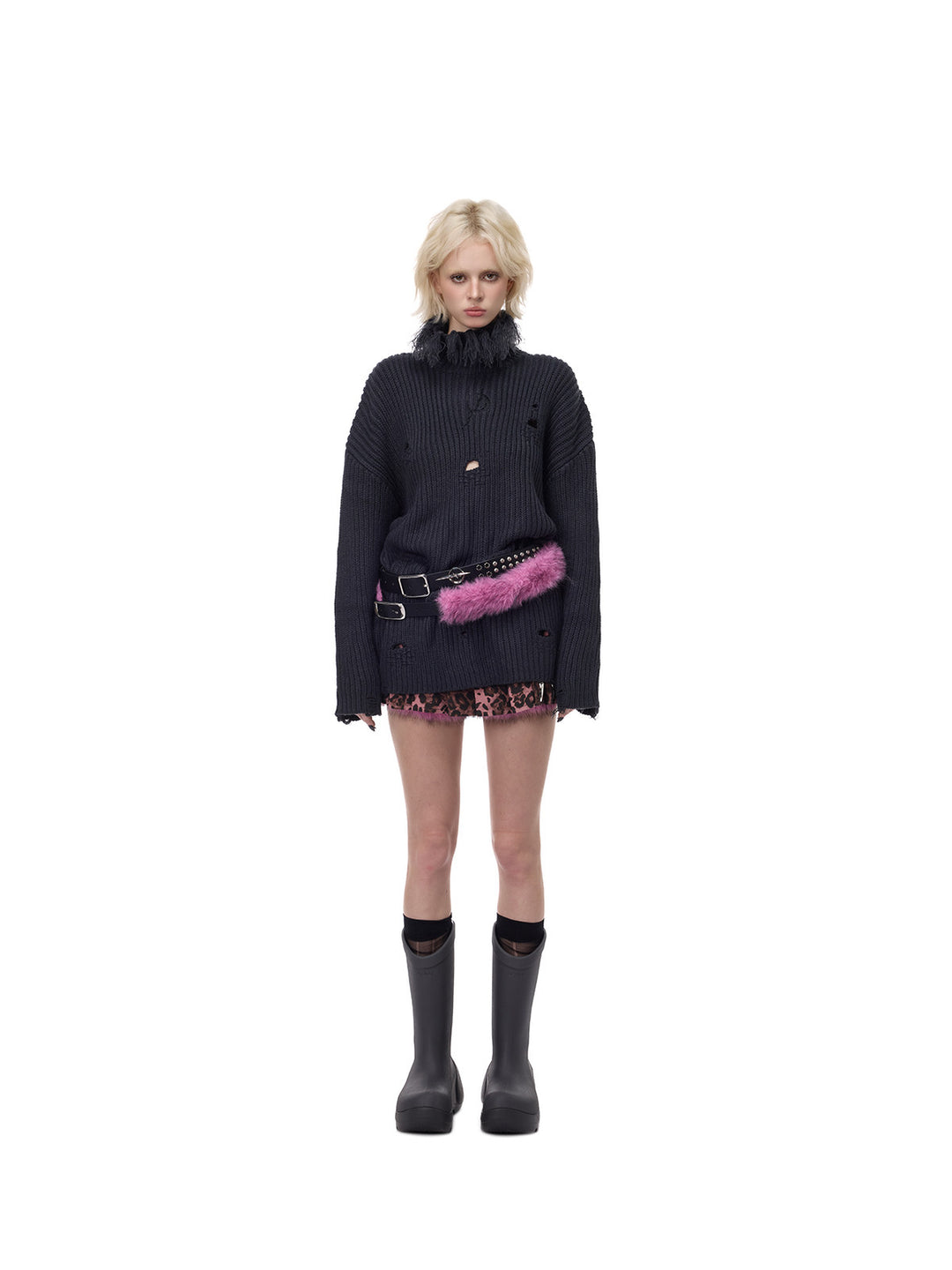 PINKSPINK ELECTRIC MOON double-strap studded faux-fur leather belt in black and pink — full-length front modeled view with dark knit sweater