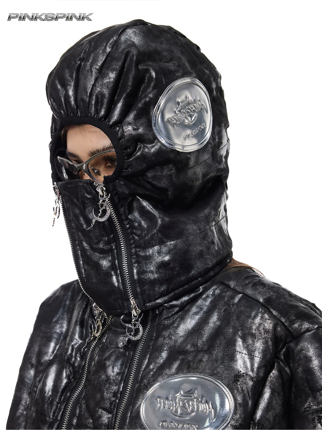 PINKSPINK ELECTRIC MOON metallic double-zip balaclava in metallic black — modeled close-up of the face opening and zip details