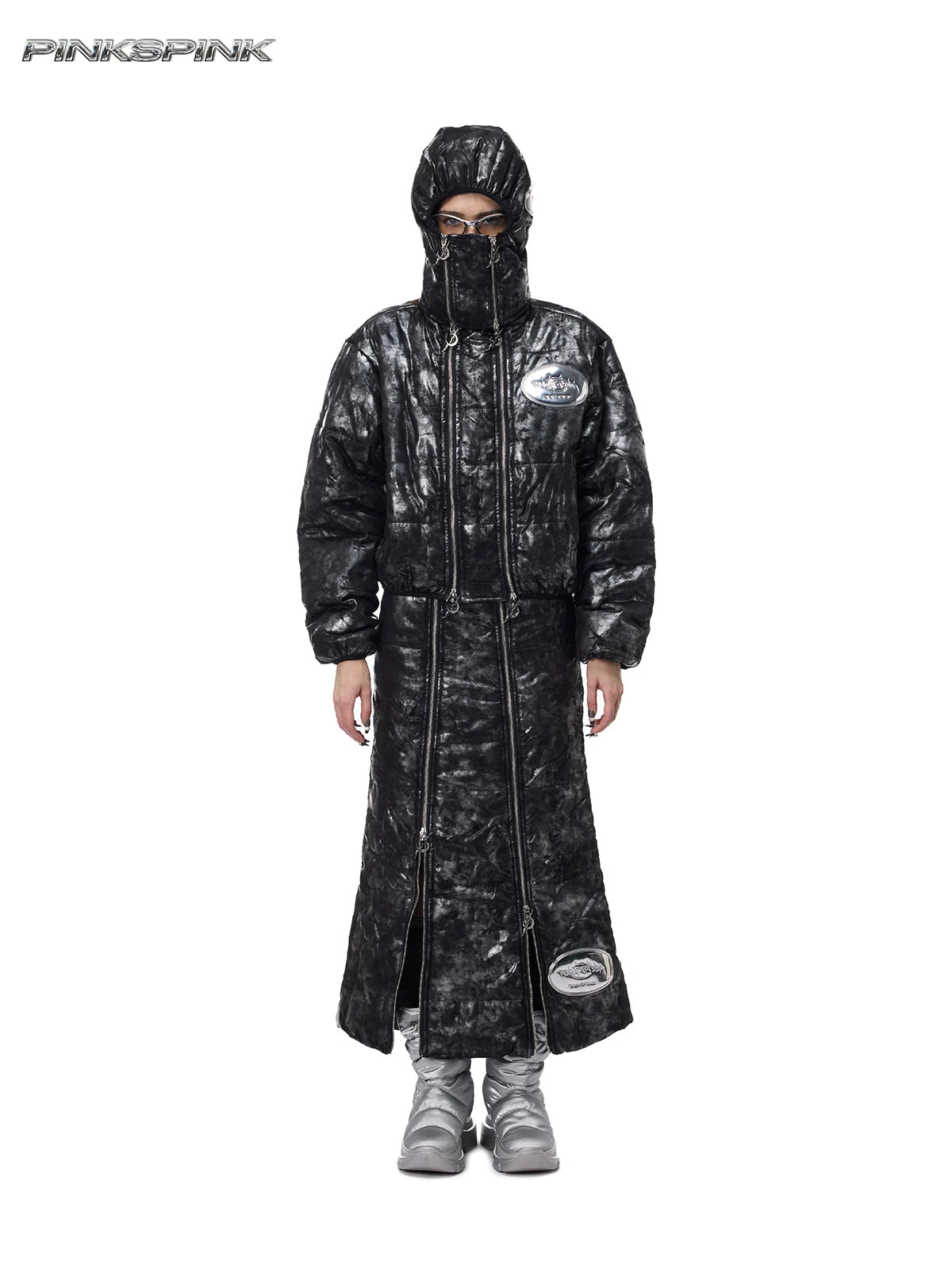 PINKSPINK ELECTRIC MOON metallic double-zip balaclava in metallic black — full-length front modeled view with coordinating coat