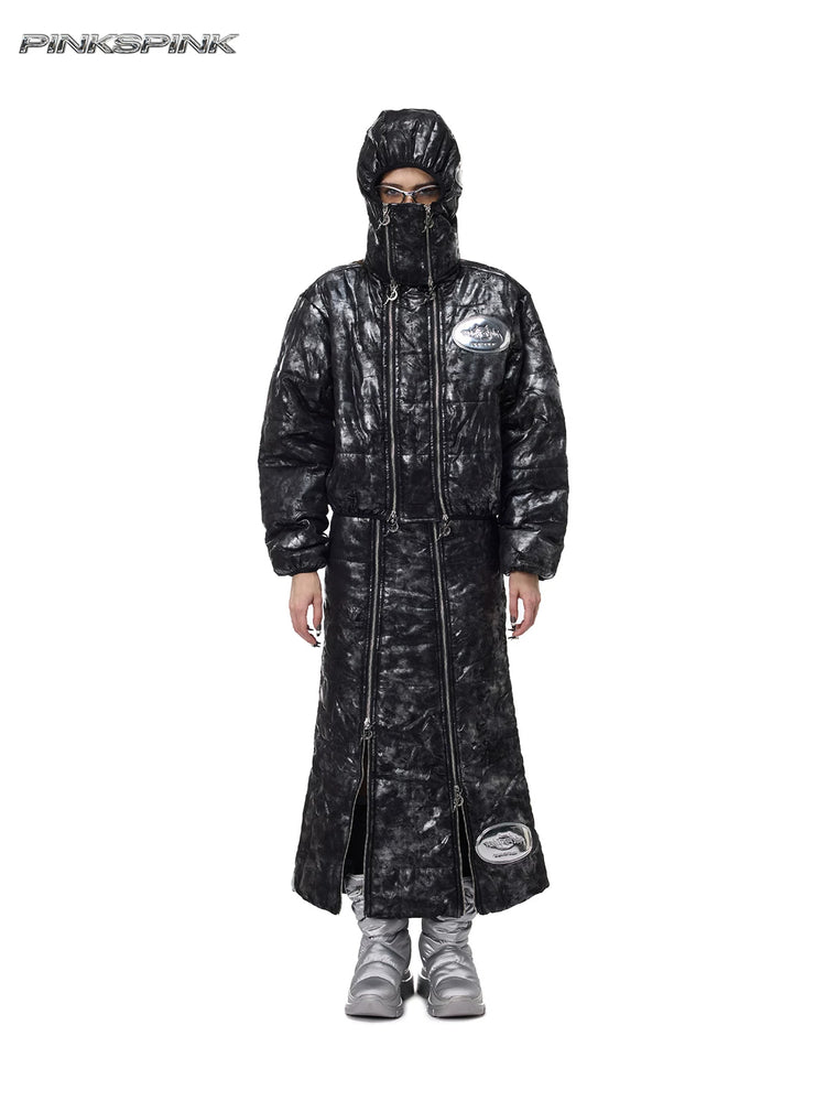 PINKSPINK ELECTRIC MOON metallic double-zip balaclava in metallic black — full-length front modeled view with coordinating coat