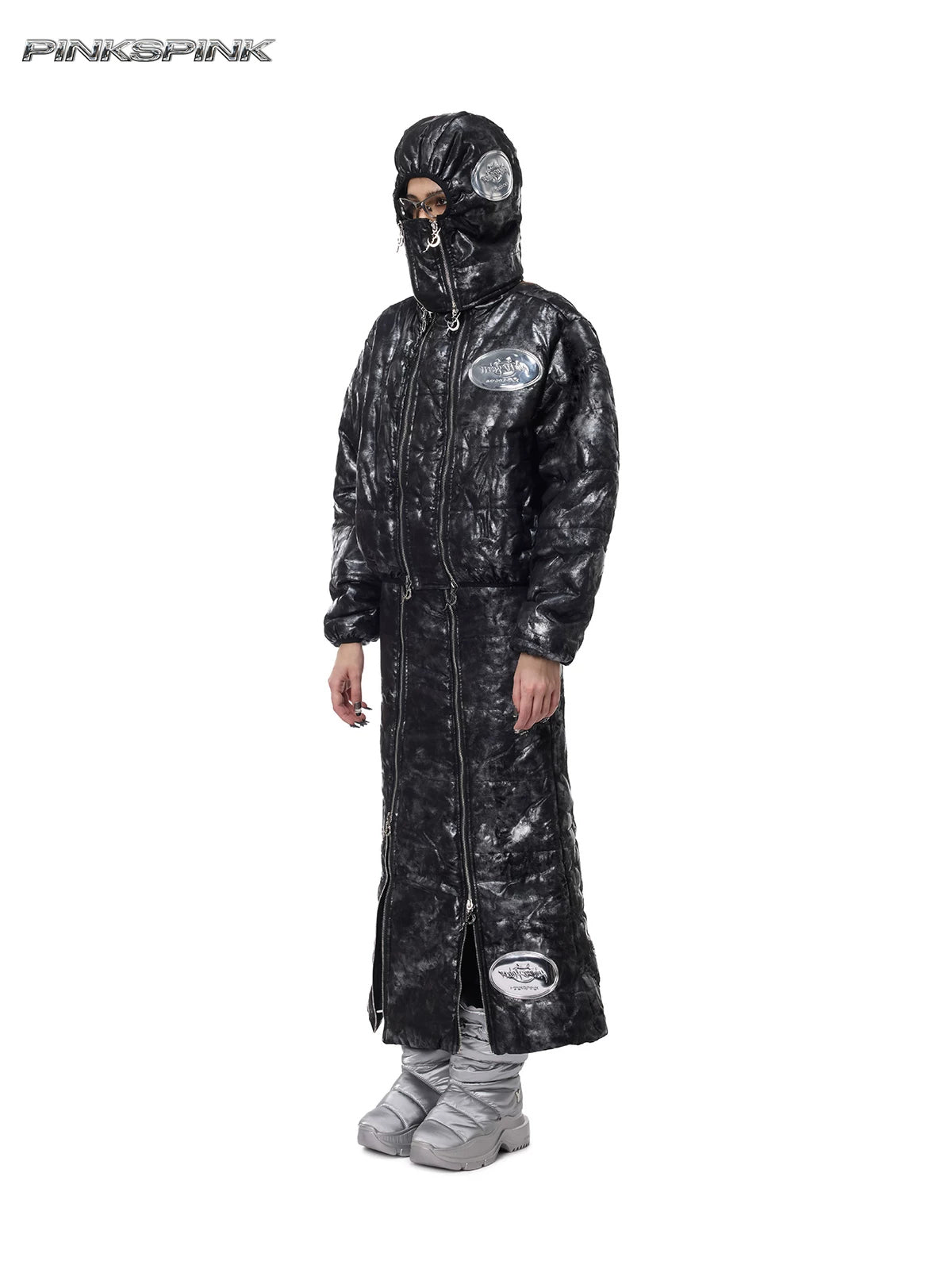 PINKSPINK ELECTRIC MOON metallic double-zip balaclava in metallic black — full-length three-quarter modeled view with coordinating coat
