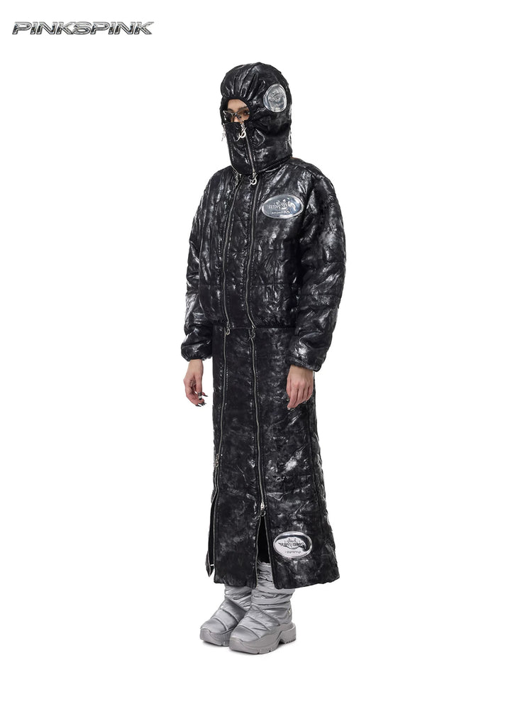 PINKSPINK ELECTRIC MOON metallic double-zip balaclava in metallic black — full-length three-quarter modeled view with coordinating coat