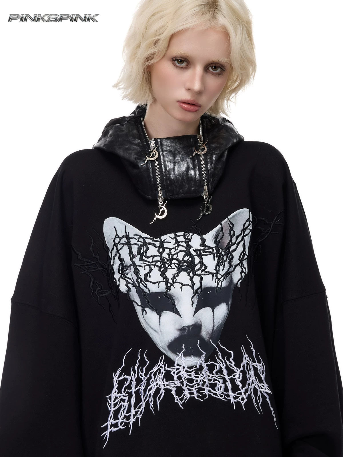 PINKSPINK ELECTRIC MOON metallic double-zip balaclava in metallic black — modeled view worn down around the neck